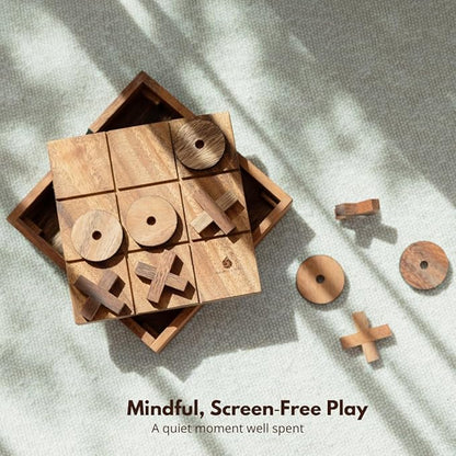 Wooden Tic Tac Toe (XOXO) Game – Handmade 2-Player Strategy Board Game – Travel Size Rustic Tabletop Decor – Sustainable Wood Gift for Adults Kids Couples Family (Classic)