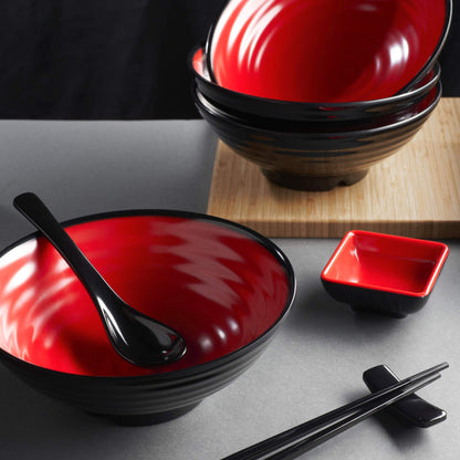 Practimondo 4 Noodle Bowls Set - large 32oz Ramen Bowl Set for authentic Asian Cuisine - with Dipping Bowls, Spoons, Chopsticks & Chopstick Stands. Enjoy Thai Miso Udon Wonton (4 Bowl Set, Red-Black)