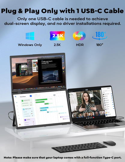 ZSCMALLS 2.5K Dual Monitor(Wins Only), Triple Laptop Screen Extender, 15.6" QHD Folding Stacked Portable Dual Monitor, USB C Travel Extended Computer Display, 180°Rotation, Plug & Play for Laptops