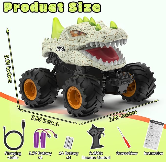 Dinosaur Remote Control Car 2.4GHz Monster Truck Toys Rechargeable RC Cars 1:24 Scale RC Truck with LED Light Movable Mouth Dinosaur Cars Toys for Kids 6-8 8-12 Birthday Gift Orange