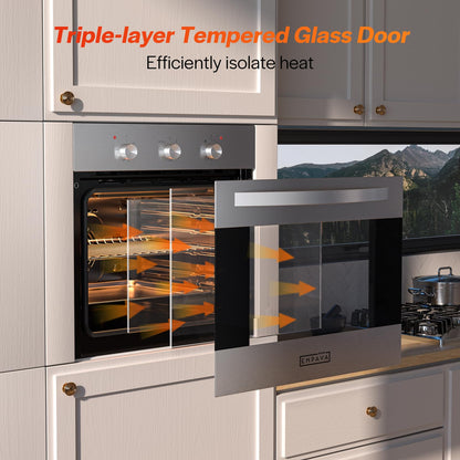 Empava Built-In Electric Single Wall Oven 24 inch with Convection and Rotisserie 6 Cooking Modes, Knob Control, Stainless Steel