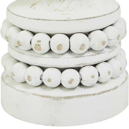 Deco 79 Wood Decorative Candle Holder Beaded Pillar Candle Stand, Set of 2 Candlestick Holder 8", 4"H, White