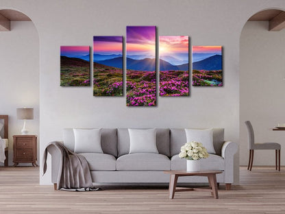 Wieco Art 5 Piece Giclee Canvas Prints Wall Art Large Modern Gallery Wrapped Mountains in Sunrise Artwork Purple Landscape Pictures Paintings Ready to Hang for Bedroom Dining Room Decorations L