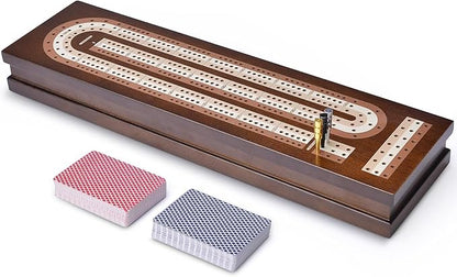 AMEROUS Wooden Cribbage Board Game Set with Magnetic Lock - Metal Pegs - 2 Playing Cards - Continuous 3 Track Board - Larger Storage Area Travel Portable Cribbage Game Sets for Family