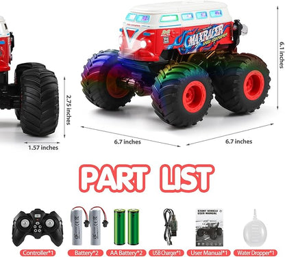 DYODYORC Remote Control Car 2.4Ghz RC Monster Truck Toys All Terrain RC Truck with Spray Music 3 Lighting Effects 360 Stunt Capable All Included Ready to Run Toy Gifts for Boys and Girl (Red)