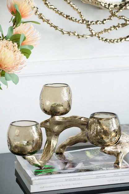 Modern Gold Multi Votive Candle Holder with Textured Glass Cups, Branch-Inspired Aluminum Candle Stand for Tabletop Dining Mantel Shelf Décor, 15.7 Inch
