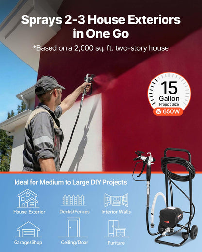 VEVOR Stand Airless Paint Sprayer, 650W, 3000PSI High Pressure Airless Sprayer with Cart, Cleaning Brush, Hose, Extension Rod, Nozzles, Electric Spray Paint Machine for House Exterior and Interior