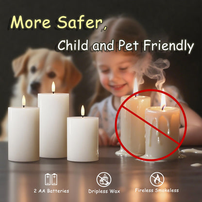 JOIONE Flameless Pillar Candles with Remote, 3 Pack Battery Operated Real Wax LED Candles, LED Candle that Perfect for Home Decorations Fireplace Table, White