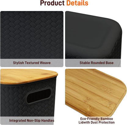 Soddeph Plastic Storage Bins - Stackable Containers with Bamboo Lids for Organizing | 4 Packs in Black