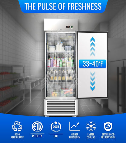 27" W Commercial Refrigerator, 23.6Cu.ft Reach-In Single Door Stainless Steel commercial fridge, 3 Shelves, Fan Cooling, Auto Defrost, Digital Thermostat - Ideal for Restaurant, Bar, Cafe, Shop