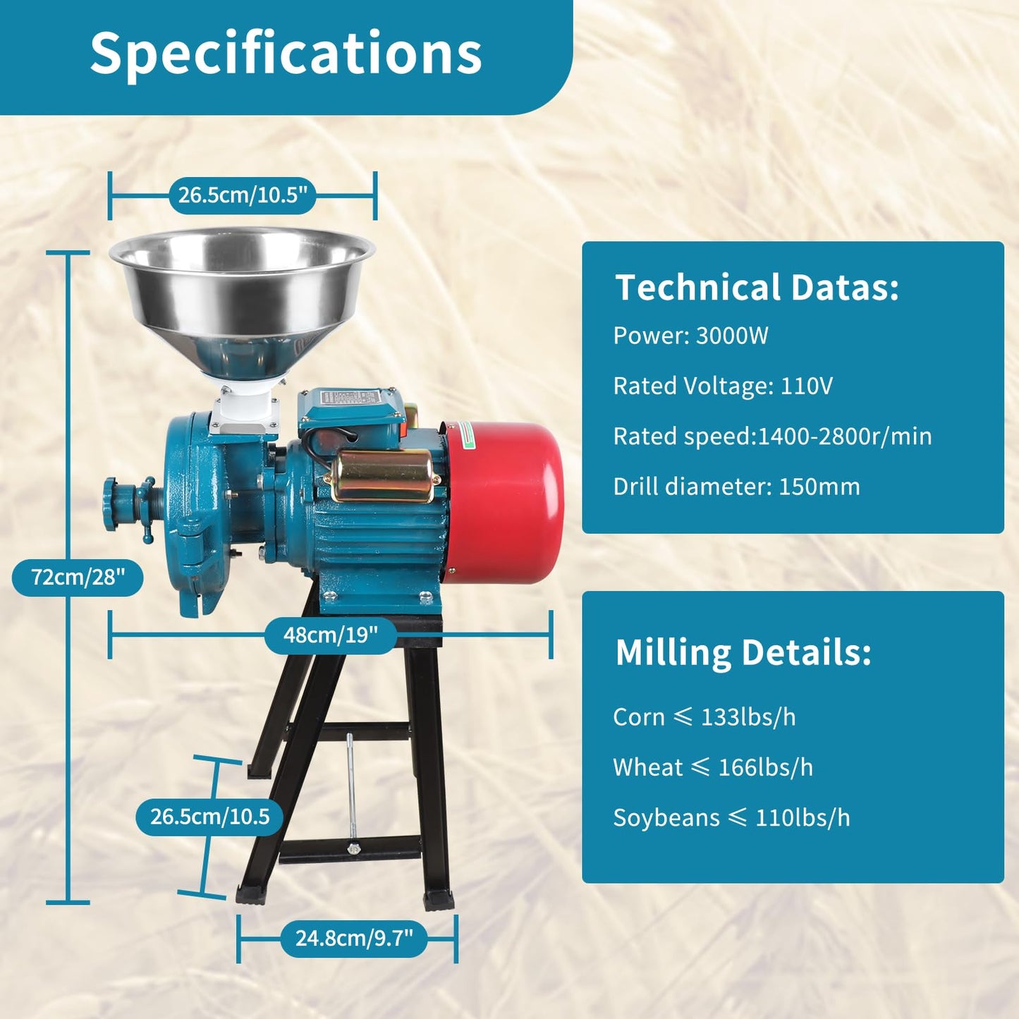 Snowtaros Electric Grain Mill Grinder 3000W 110V, Commercial Corn Grinder with Funnel, Dry Feed Grain Mill Machine, Thickness Adjustable, Powder Grinder for Grain Corn Rice Herbs Pepper (Dry Use)