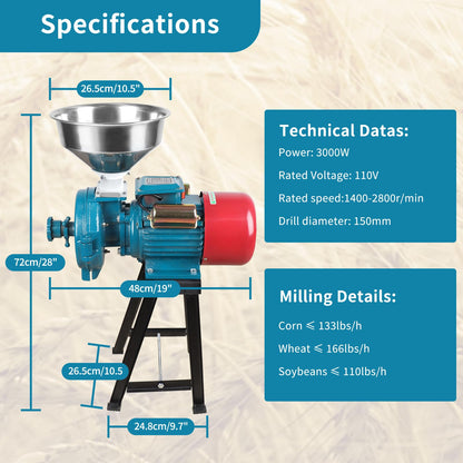 Snowtaros Electric Grain Mill Grinder 3000W 110V, Commercial Corn Grinder with Funnel, Dry Feed Grain Mill Machine, Thickness Adjustable, Powder Grinder for Grain Corn Rice Herbs Pepper (Dry Use)
