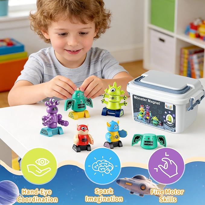 Magnetic Robot Building Toys for Kids 3-8 STEM Magnetic Monster Set DIY Stacking Robots with Storage Box Ideal Birthday for Boys Girls Age 3 4 5 6 7 8