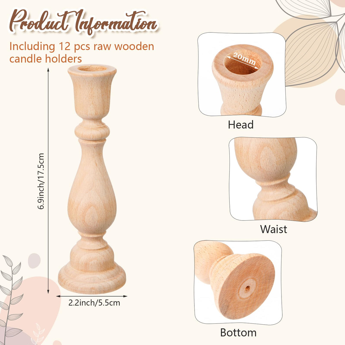 Nitial 12 Pcs Unfinished Classic Wood Candle Holders Small Wooden Candlesticks Unfinished Candlestick Holders for Crafts DIY Xmas Christmas Gift Decoration (6 Inch)