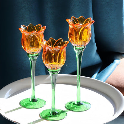 VOHO Orange Tulips Votive Candle Holders for Spring Decor, Elegant Tall Glass Candle Holder Centerpiece Table Decorations, Tulip Tealight Candle Holder for Wedding for Women(Set of3)