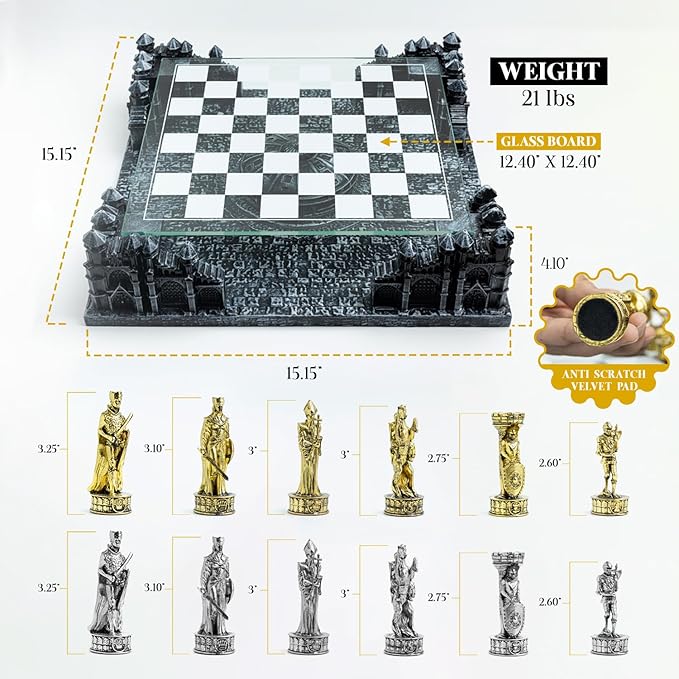 Renaissance Knight 3D Chess Set – Unique Chess Board Set - Durable Gold and Silver Metal Pieces - Tempered Glass Board and Polyresin Base