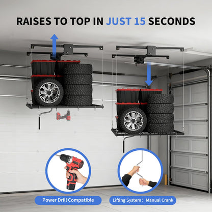 Garage Ceiling Storage Racks, Garage with the 4x4ft Overhead Lift Storage Rack, Experience Effortless Organization with 350lb Capacity, Smooth Crank System, Space-Saving Ceiling Rack Design