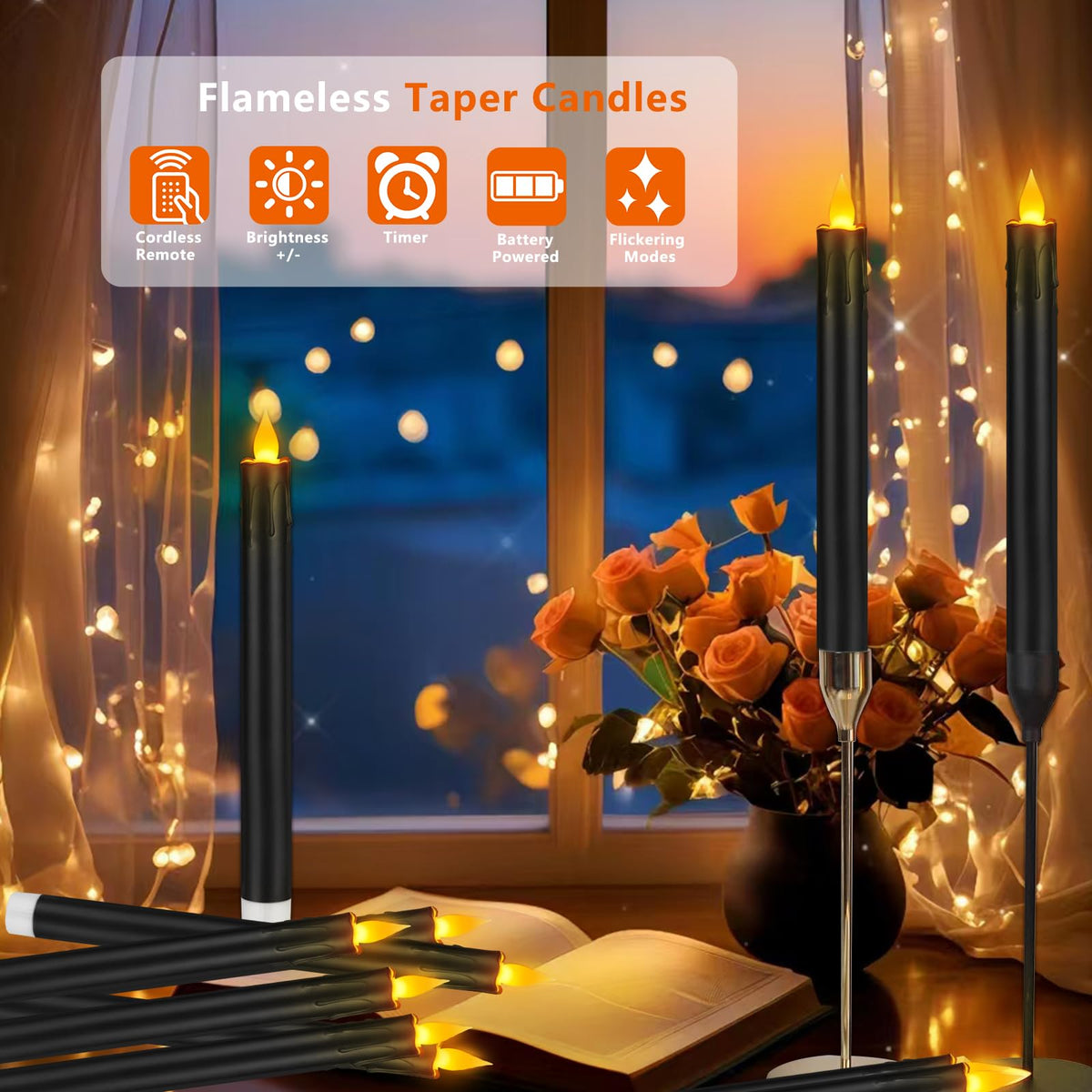 wemarry Flameless Taper Candles 10.6" Dripless Battery Operated Taper Candles Included Remote Timer 400+ Hours by 2AA Batteries for Halloween Christmas Wedding (Black, 24 Pack)