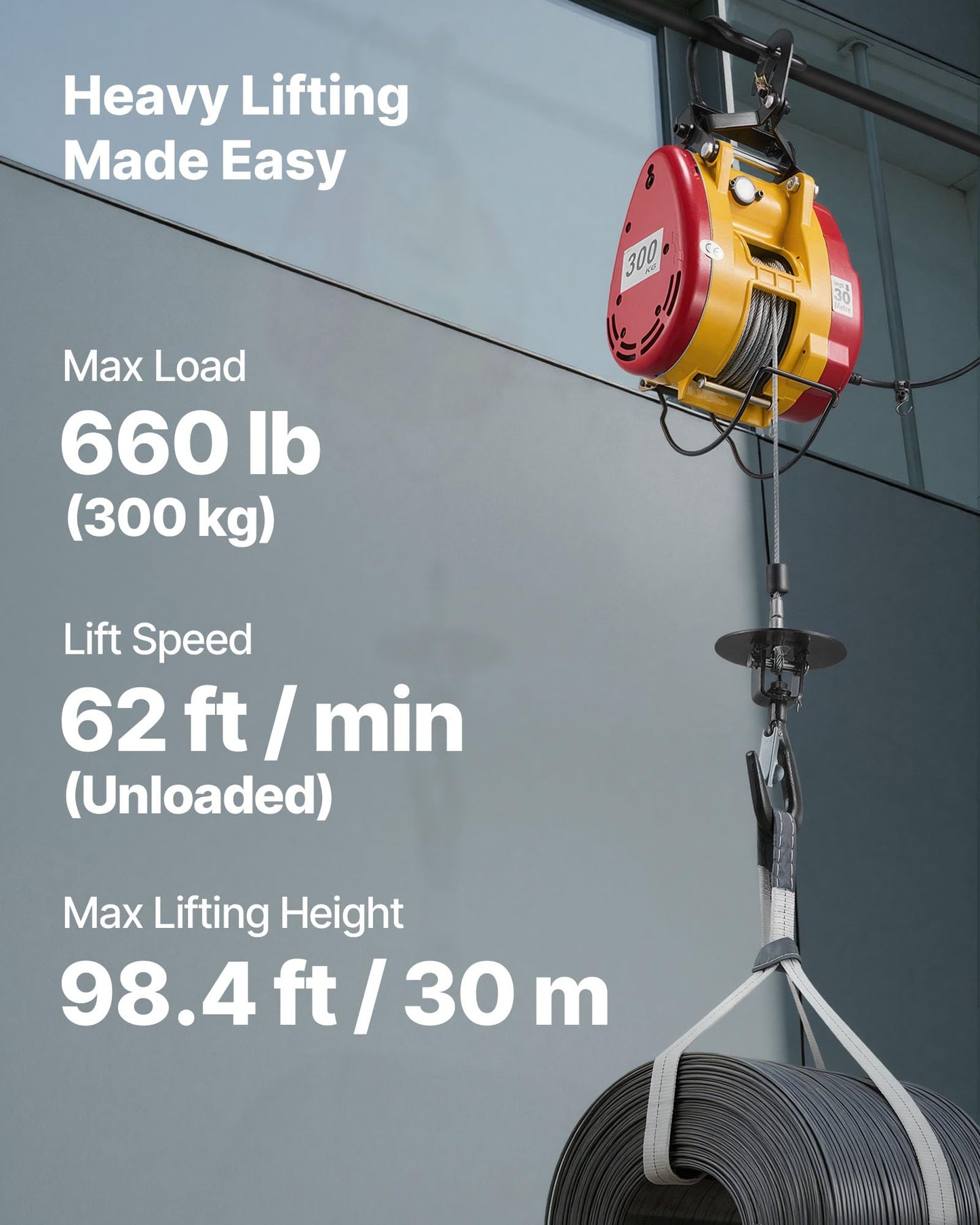 VEVOR 2-in-1 Electric Hoist Winch, 660 lbs Capacity, 1500W Portable Power Winch Crane, 98.4 ft Lifting Height, 62 ft/min with Wired and Wireless Remote Control for Factory, Warehouss, Garage