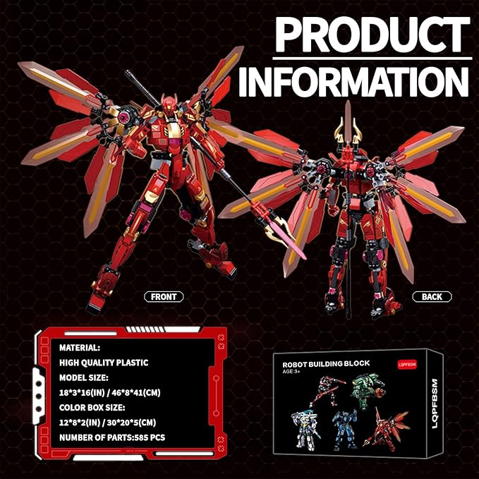 Red Mecha Building Set 511 Pieces Winged Robot Action Figure with Halberd Weapon Fully Articulated Warrior Construction Toy Collectible Anime Model Kit Gift for Adults Teens