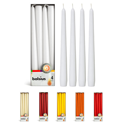BOLSIUS White Taper Candles - 4 Pack Unscented 10 Inch Dinner Candle Set - 8 Hours Burn Time - Premium European Quality - Smokeless and Dripless Household, Wedding, Party, and Home Decor Candlesticks
