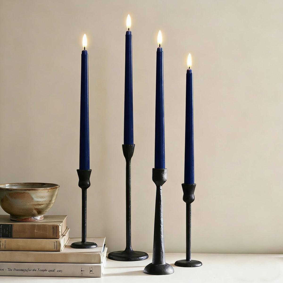 Ni-JASW Navy Blue Flameless Taper Candles with Remote Timer, Flickering Battery Operated LED Candlesticks Home Decor Set of 12