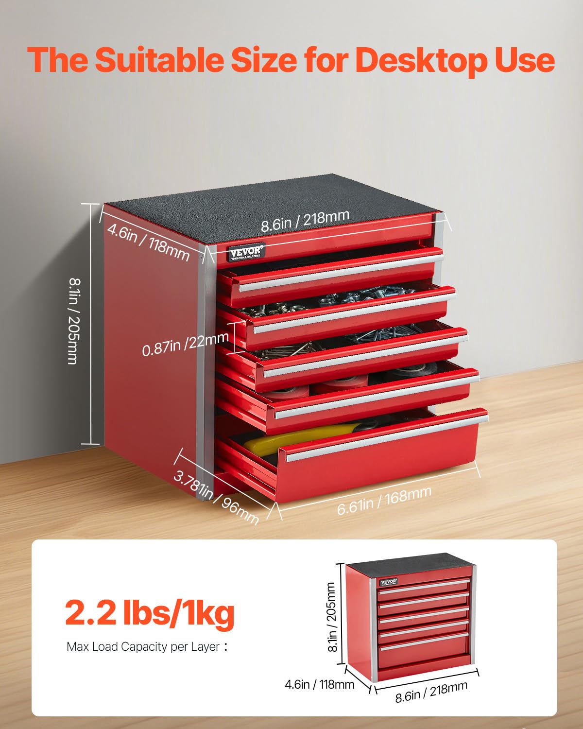VEVOR Metal Tool Box, 8.6-inch, Portable Metal Tool Box with 5 Drawers, Small Tool Chest with EVA Liners and PP Feet Pads, Heavy-Duty Steel With Ball Bearing Opening and Powder Coated Finish, Red