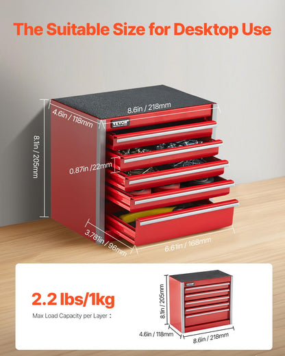 VEVOR Metal Tool Box, 8.6-inch, Portable Metal Tool Box with 5 Drawers, Small Tool Chest with EVA Liners and PP Feet Pads, Heavy-Duty Steel With Ball Bearing Opening and Powder Coated Finish, Red