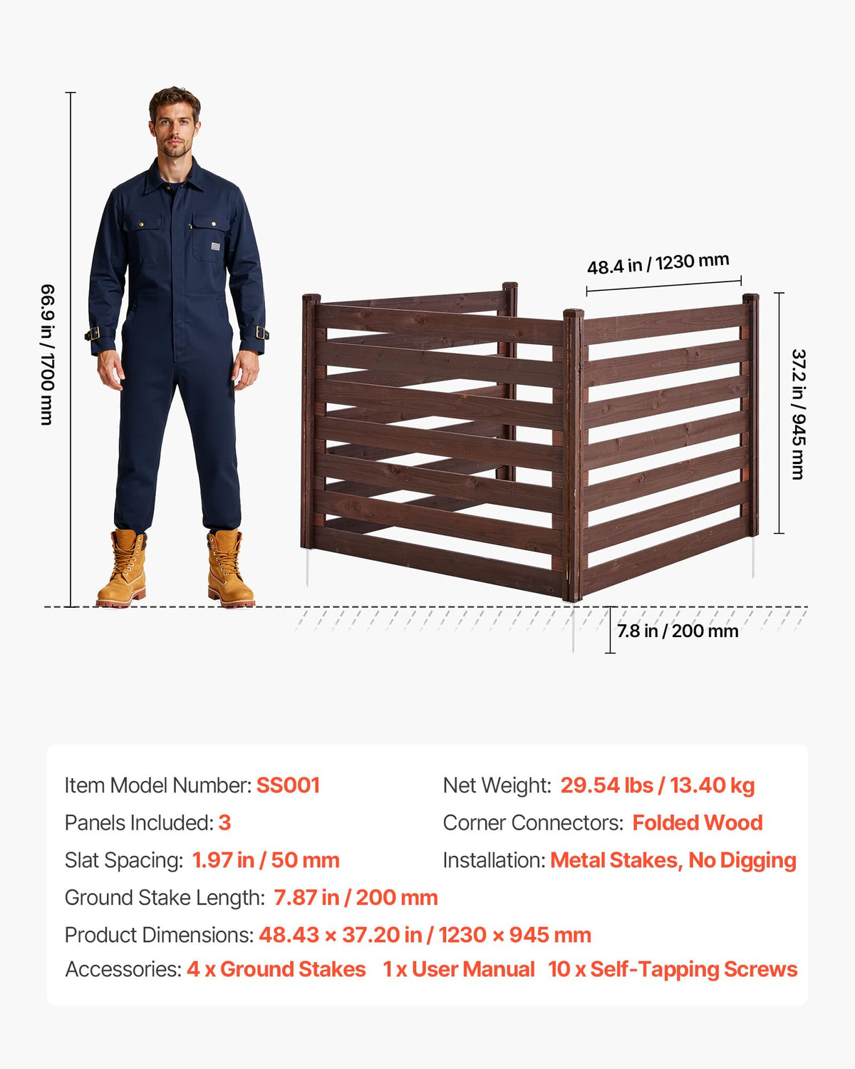 VEVOR Wooden Privacy Fence, 48 x 37 inch Air Conditioner Fence, 3 Panel Solid Outdoor Wood Privacy Screen with Metal Stakes, Steel Frame, Trash Can Hider Fences Suitable for Garden, Pool
