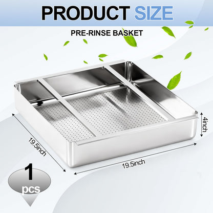 Tuanse Commercial Pre Rinse Basket for Restaurant Sink 19.5 x 19.5 x 4 Inch Heavy Duty Stainless Steel Sink Strainer Basket with Slides Large Capacity Food Waste for Dishwashing Station Kitchen