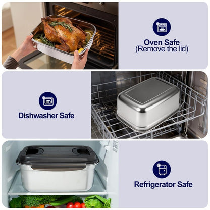 QCQHDU Stainless Steel Food Storage Containers, 7500 ML/ 254 oz / 32 Cup Large Food Storage Meal Prep Containers with Airtight Lids for Roasting Turkey, Chicken, Baking Casserole, Fruits, Party
