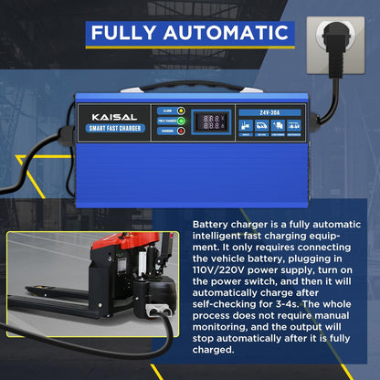Forklift Battery Charger 24V 30A Smart 24 Volt Charger 900W Fully-Auto LCD Display Pallet Jack Battery Charger 7 Protections Trickle Charger for 24V Electric Pallet Jack & Forklift & Floor Scrubber