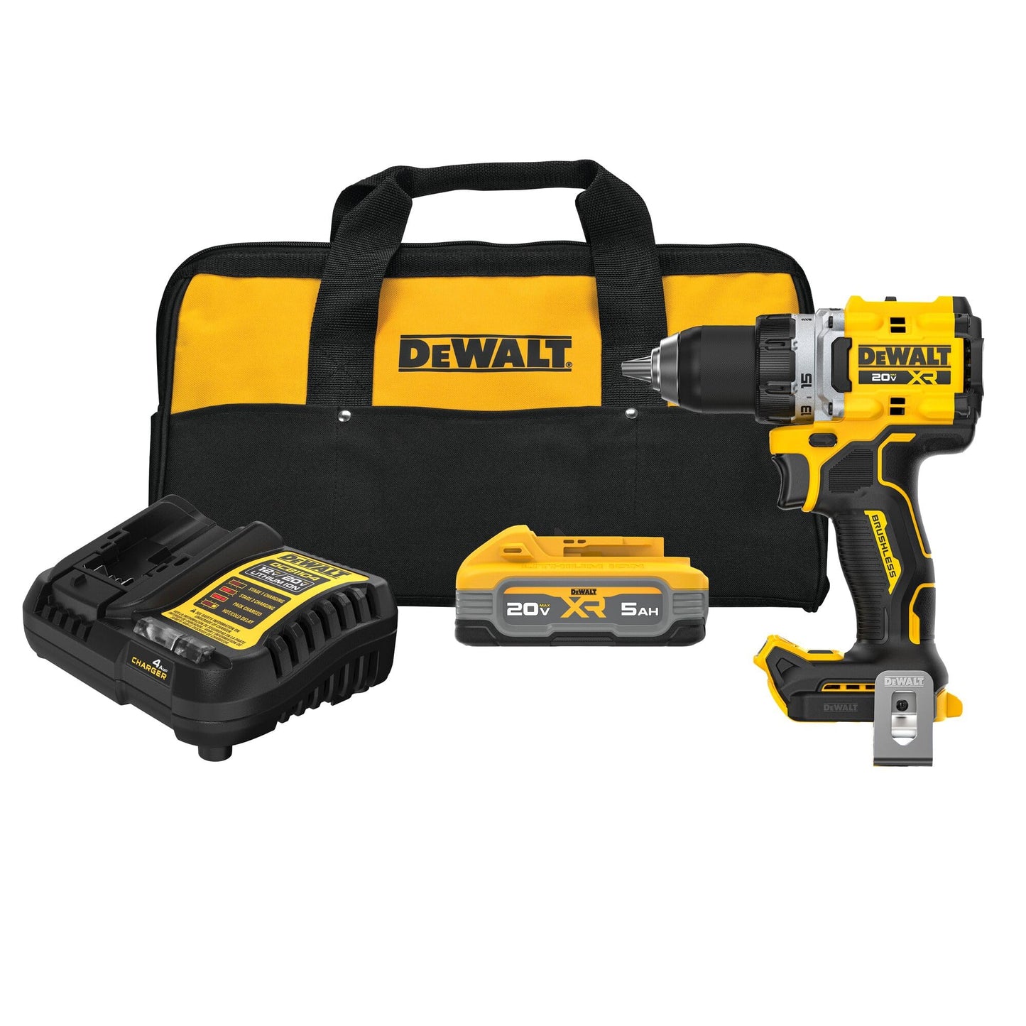 DEWALT Drill Set 20V MAX XR, 1/2 in. Brushless Cordless Drill Driver Kit With 5AH POWERSTACK Battery and Charger, LED Light, Dual Speed (DCD801H1)