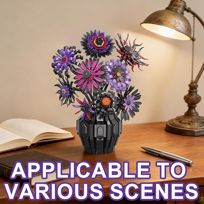 Flower Bouquet Building Blocks Set with Vase Purple Sunflower Brick Flowers DIY Artificial Flower Decor Building Toy for Adults Desk Home Decoration Gift for Women