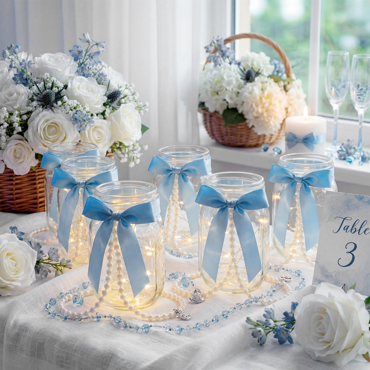 Gandeer 6 Sets Blue Mason Jars Centerpieces for Table Bridal Shower Mason Jar Lights Vases with Bow and Pearl Ribbon Bow Vase for Flowers Table Engagement Party Bridal Shower Wedding Centerpieces