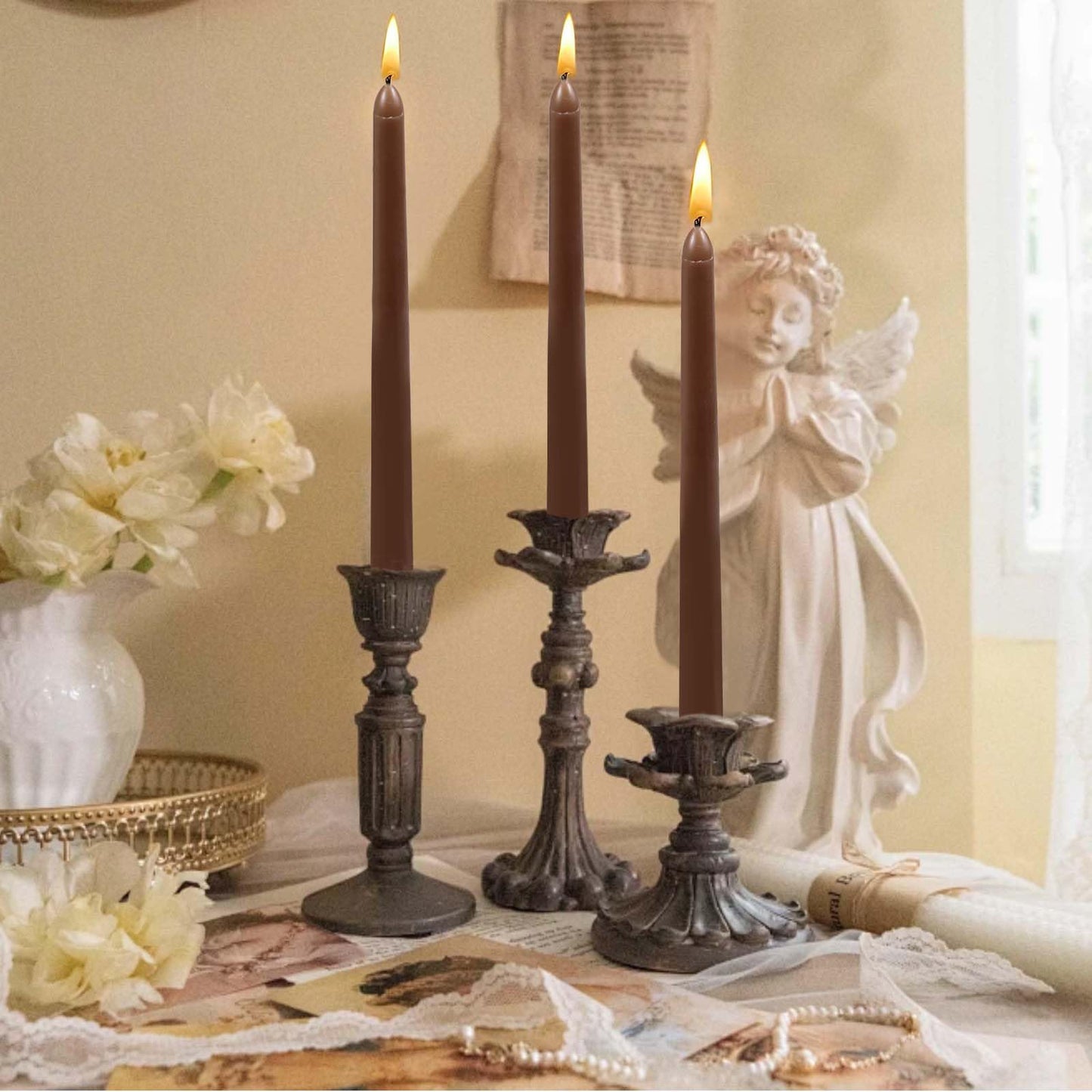 10in Brown Taper Candles Set of 4 Pack Tapered Candle, Tall Candlesticks,for Dinner Party Wedding, Home Decor,Kitchen Decors,Christmas,Halloween (Brown, 10 inch)