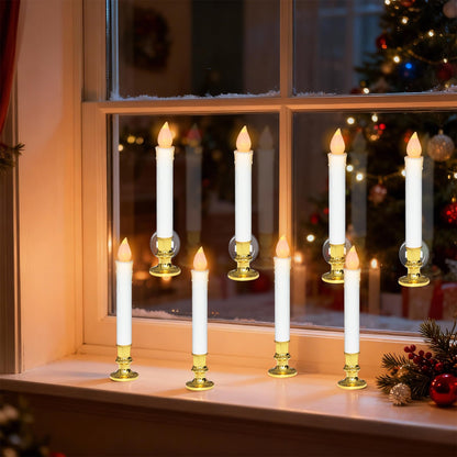 DRomance 9" Flameless Window Taper Candles Battery Operated with 8-Key Remote and Timer, 4 Pack White Christmas Holdiay Window Candles with Gold Holders, Suction Cups and AA Batteries Included