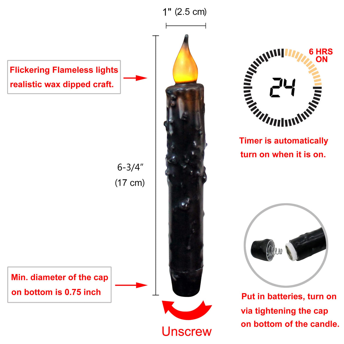 CVHOMEDECO. Real Wax Hand Dipped Battery Operated LED Timer Taper Candles Rustic Primitive Flameless Lights Décor, 6-3/4 Inch, Matt Black, 6 PCS in a Package
