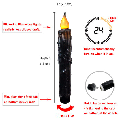 CVHOMEDECO. Real Wax Hand Dipped Battery Operated LED Timer Taper Candles Rustic Primitive Flameless Lights Décor, 6-3/4 Inch, Matt Black, 6 PCS in a Package