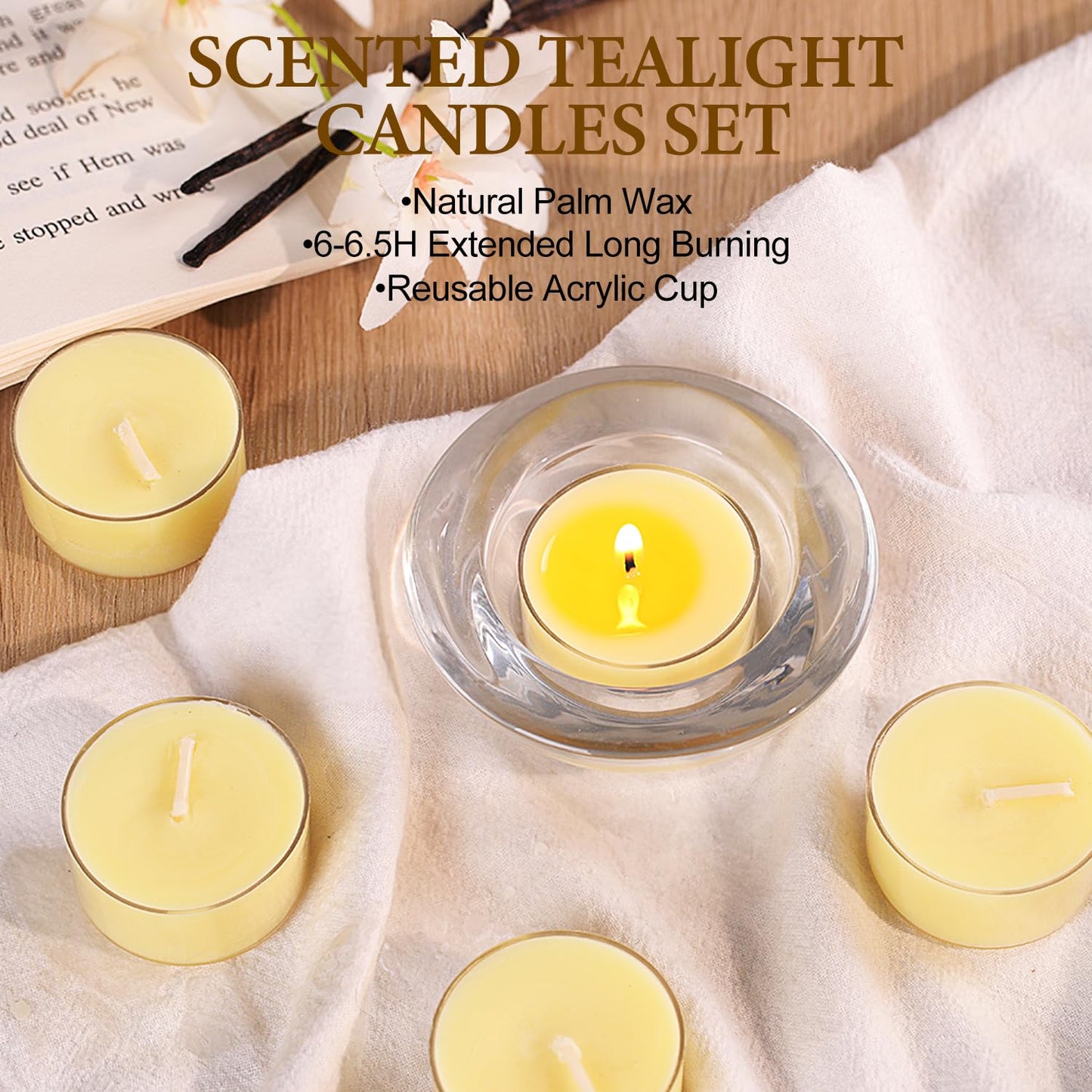 Vanilla Scented Tealight Candles – 14 Pack, 100% Pure Palm Wax, 6-Hour Burn, Ivory Cream Tea Lights for Cozy Ambiance, Home Relaxation, Romantic Settings, Clean Burn & Smokeless