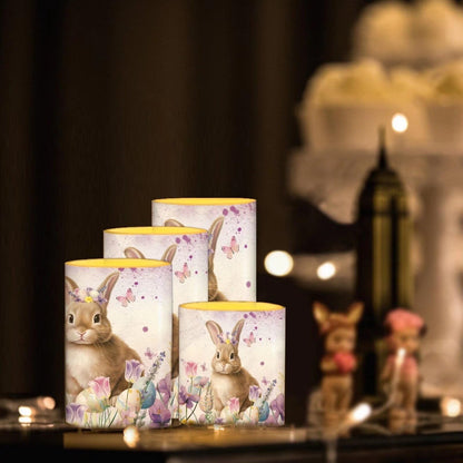 NETILGEN Easter Holiday Decor Flameless Flickering Candles with Remote, Timer Battery Operated LED Pillar Candles 4 Pcs Party Decor Candles Floral Easter Bunny Print