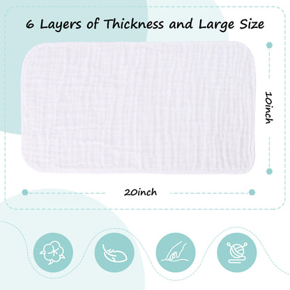 HIPHOP PANDA 10 Pack 6-Layers Muslin Burp Cloths Large - Durable 100% Cotton - Baby Essentials Extra Absorbent and Soft Boys & Girls Rags for Newborn Registry (White, 20" X10")