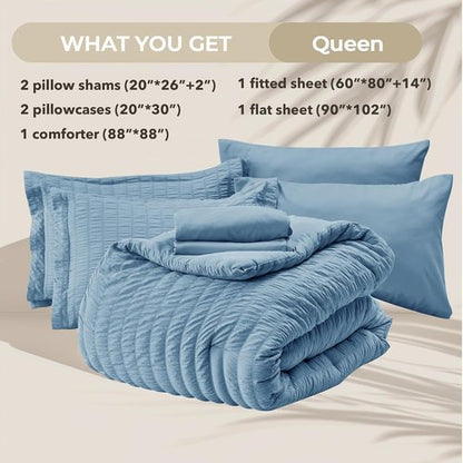 HYMOKEGE Queen Comforter Set - 7-Piece Mineral Blue Seersucker Luxury Bedding | All-Season Bed in a Bag
