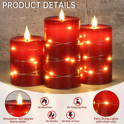 Upinmz Red Flameless Candle with Remote Control and Timer,Flickering Battery Operated Candles with String Lights,LED Pillar Candles,Set of 3