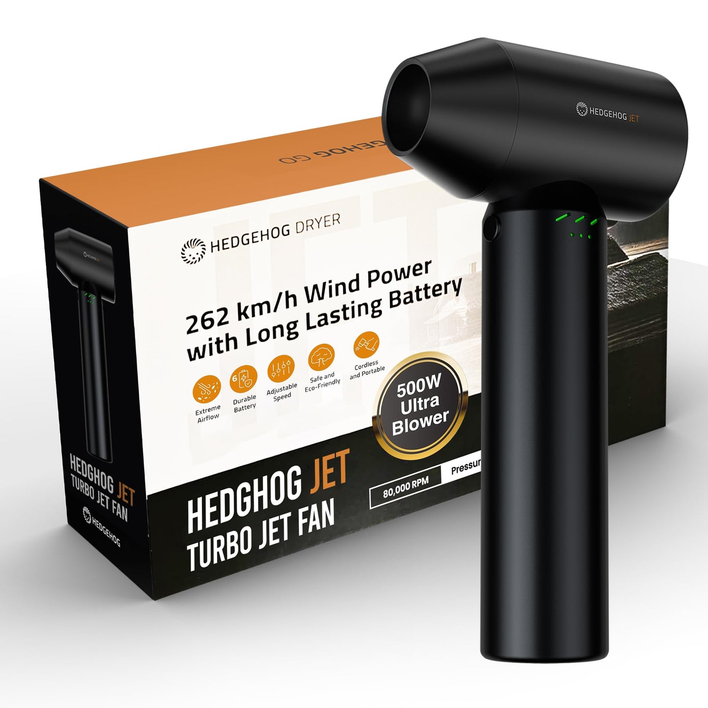 Hedgehog Car Dryer and Air Blower - 500W Handheld Cordless Turbo Dryer Blower for car- 162 MPH Wind Dring Power, 4-Speed Controls, 80,000 RPM, USB-C Fast Charging, Portable Leaf Blower & Snow Remover
