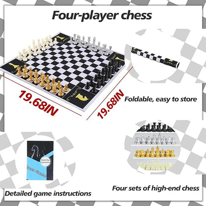 4 Four Players Chess Board Game Four Person Chess Set Game Unique Team Chess Set Mouse Pad Material with 4 Sets of Chess Pieces (64 Pieces) 2-4 Person Adult Game Portable Game Set