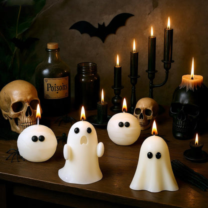 Minatee 4 Pieces Halloween Ghost Candles Large Scented Spooky Cute Mummy Candles Gifts for Halloween Party Boo Basket Stuffers Home Table Decor, 2 Style