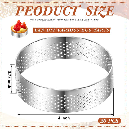 Mumufy 20 Pcs Perforated Tart Rings Round Stainless Steel Tart Rings for Baking Nonstick Metal Round Cake Ring for Pastry French Dessert Mousse Food Crisp Home Food Making Tool (4'')