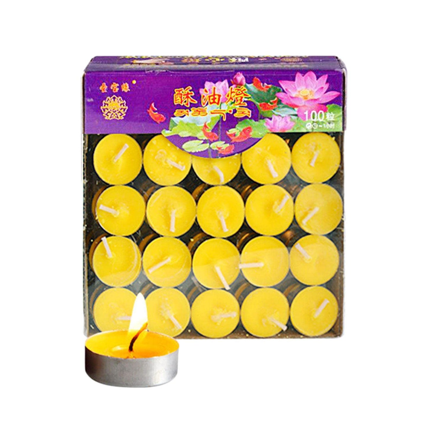 Gcljlmy 100x Smokeless Round Candles 1H Long Burning Tea Light Tibetan Buddhist Church Tealight Ghee Butter Lamp Candles for Wedding Meditation Rituals Altars (Yellow)
