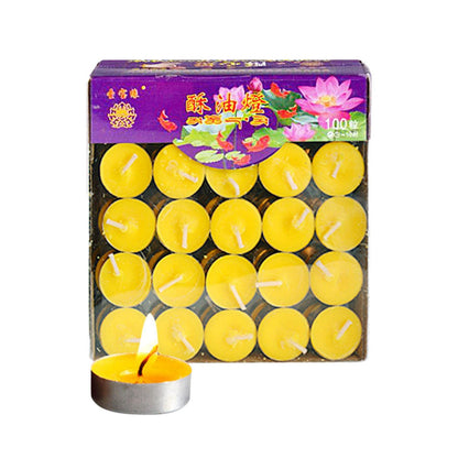 Gcljlmy 100x Smokeless Round Candles 1H Long Burning Tea Light Tibetan Buddhist Church Tealight Ghee Butter Lamp Candles for Meditation Wedding Rituals Altars (Yellow)